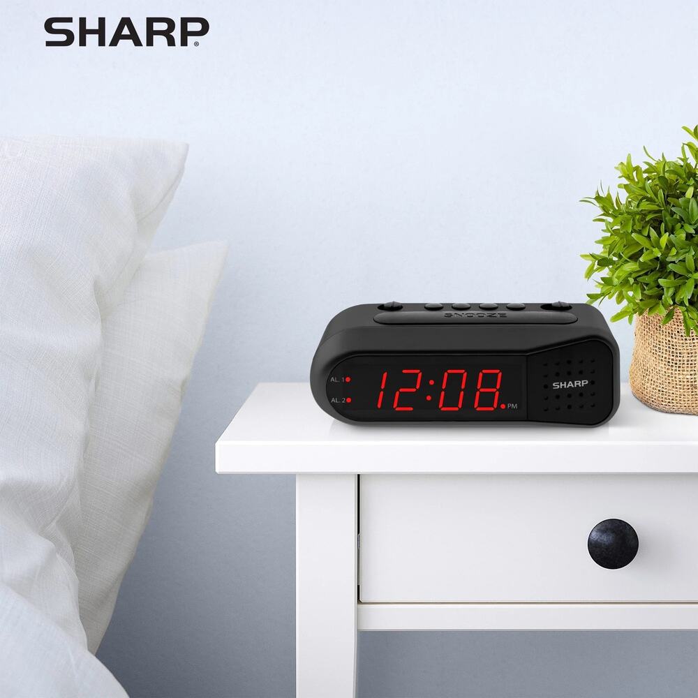 Sharp Digital Alarm Clock Black Case Red Display Ascending Alarm